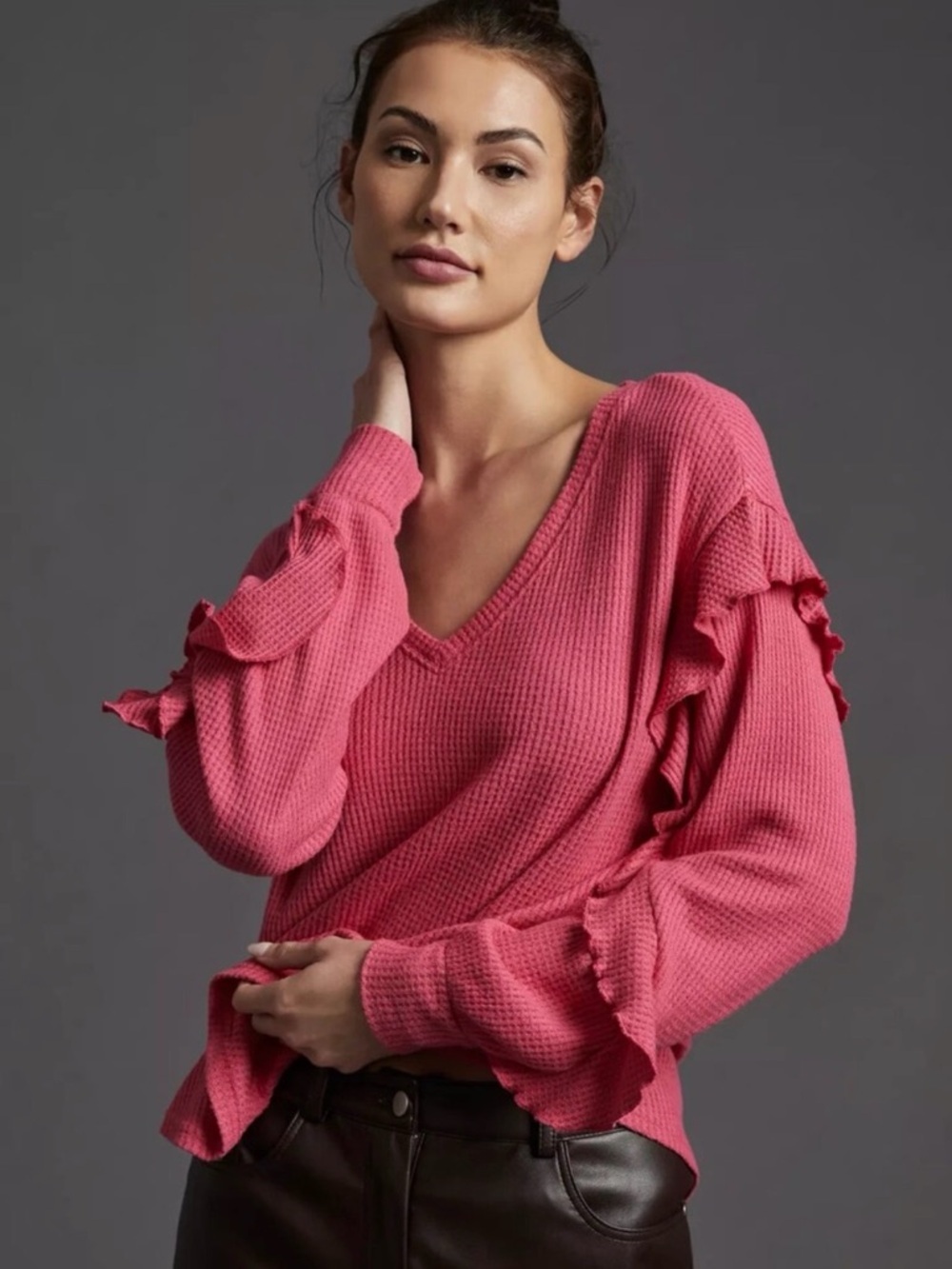 Pilcro Anthropologie Pink Waffle Knit Ruffle Sleeve Top Boho Size S